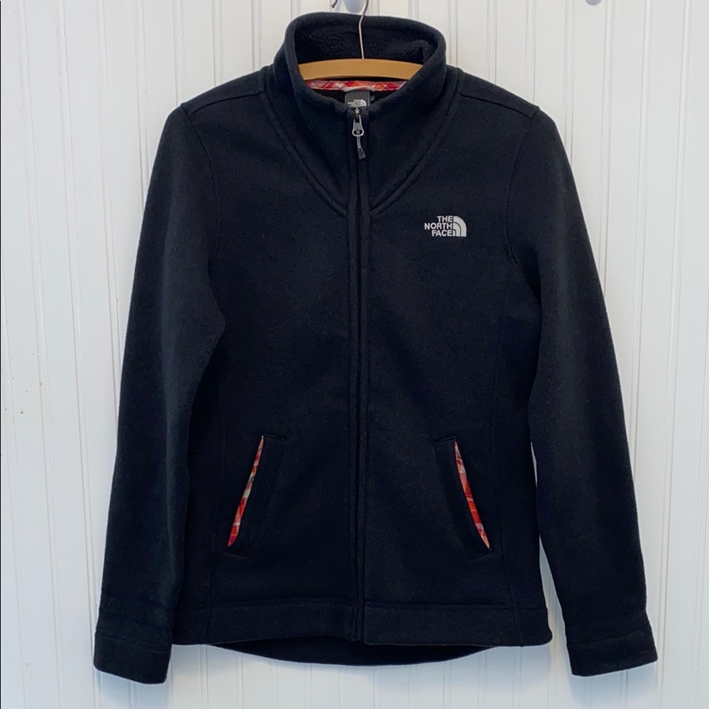 The North Face Sweater Fleece full-zip Jacket, medium, black with red plaid trim